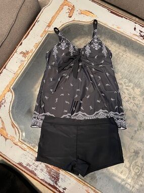 Black Printed Tankini Set with Tie Front- Swimwear